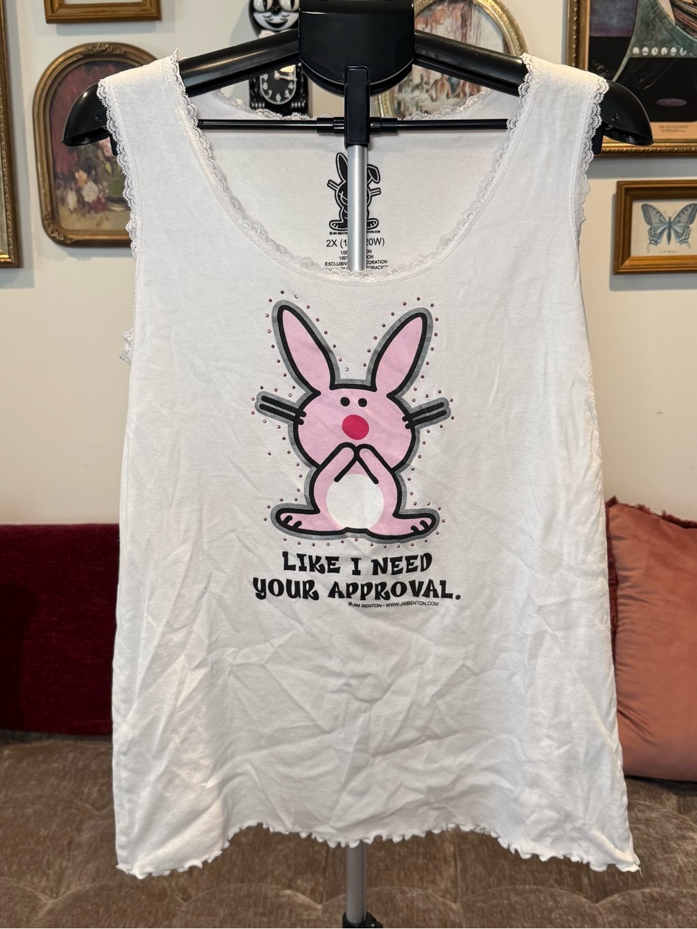 Y2K Jim Benton Cute Pink Bunny Graphic White Tank - 'Like I Need Your Approval'